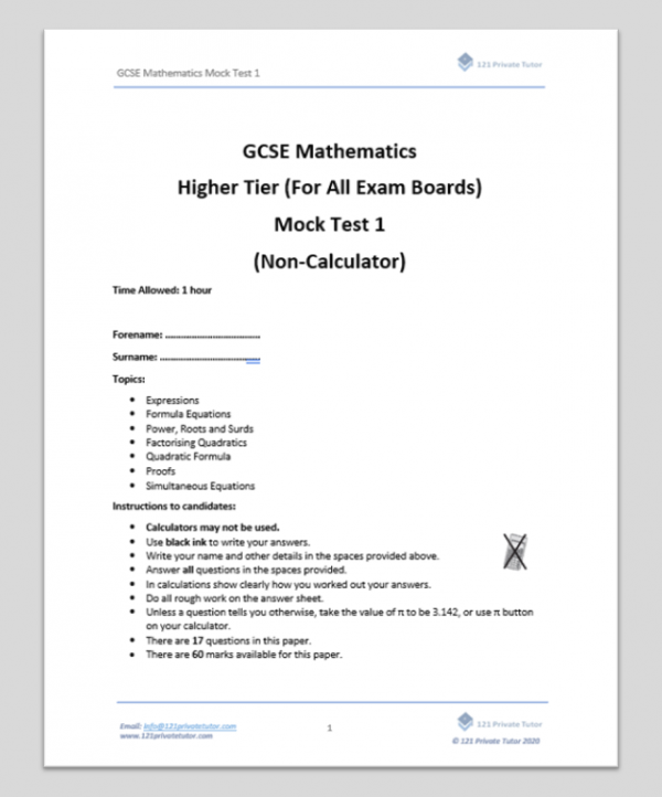 GCSE Mathematics Mock Test 1