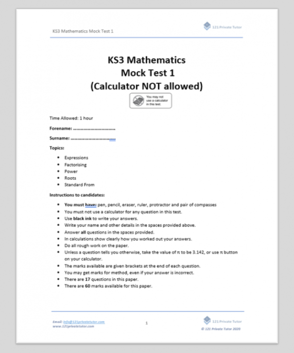 KS3 Mathematics Mock Test 1