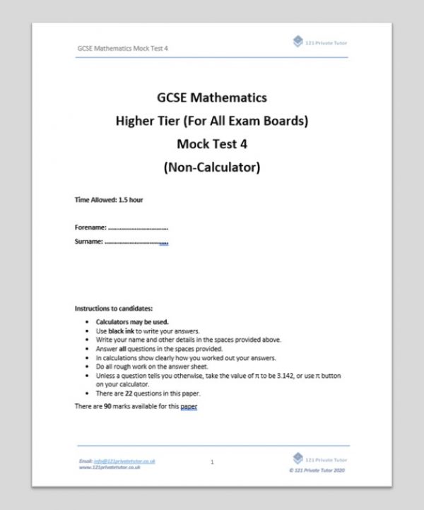 GCSE Mathematics Mock Test 4